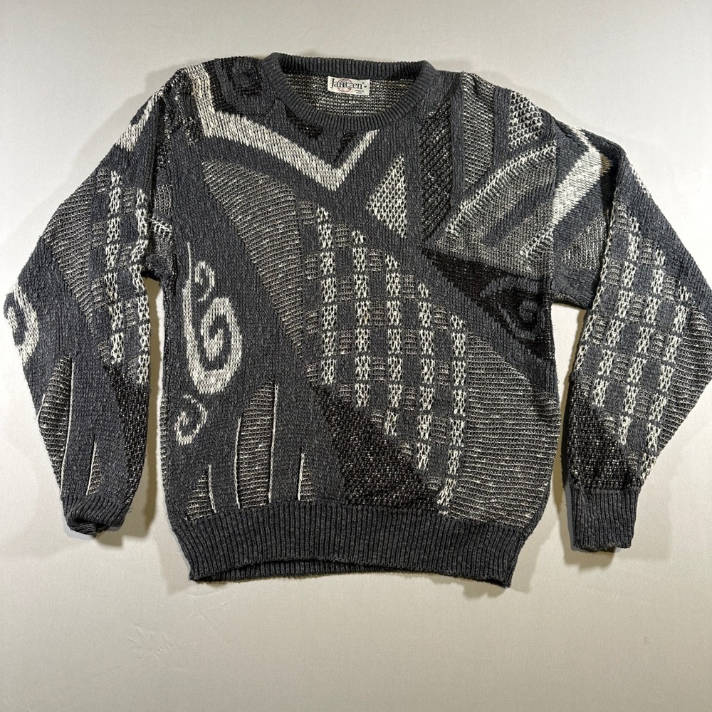 Jantzen Gray and Black Geometric Crewneck Sweater